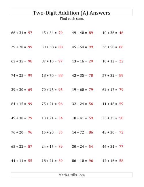 The Horizontal Two-Digit Addition No Regrouping (A) Math Worksheet Page 2