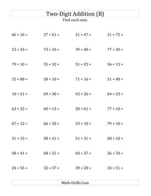 The Horizontal Two-Digit Addition No Regrouping (B) Math Worksheet