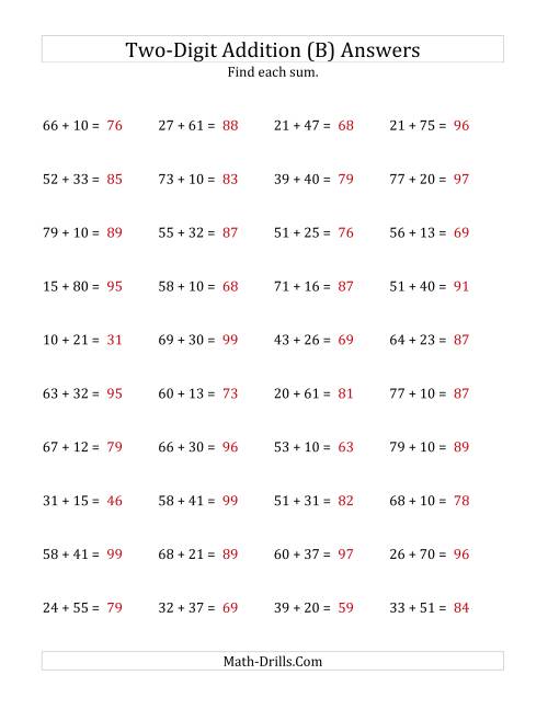The Horizontal Two-Digit Addition No Regrouping (B) Math Worksheet Page 2