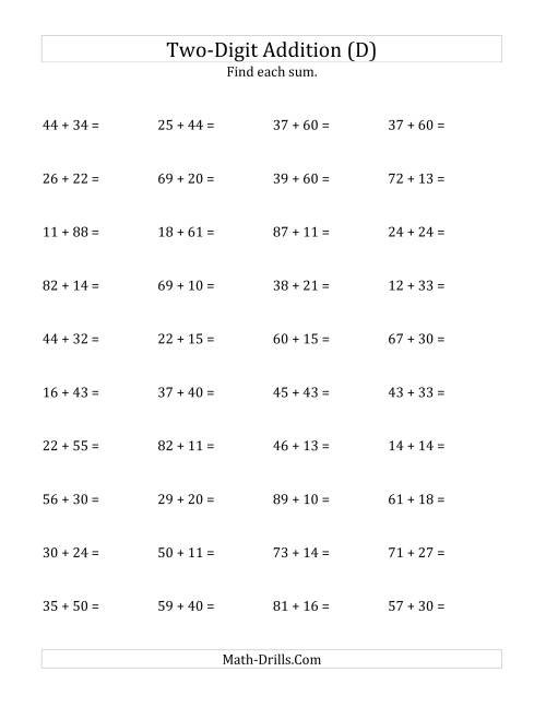 The Horizontal Two-Digit Addition No Regrouping (D) Math Worksheet