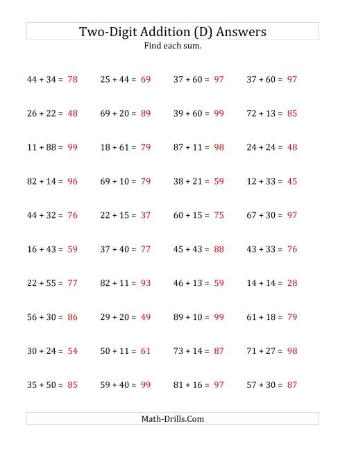 The Horizontal Two-Digit Addition No Regrouping (D) Math Worksheet Page 2