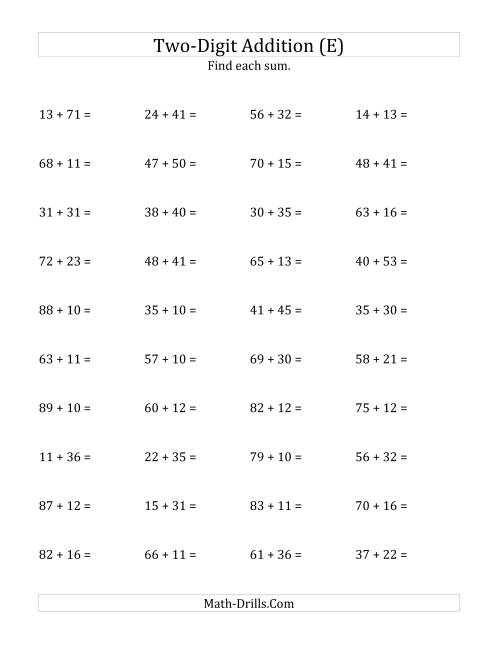 The Horizontal Two-Digit Addition No Regrouping (E) Math Worksheet