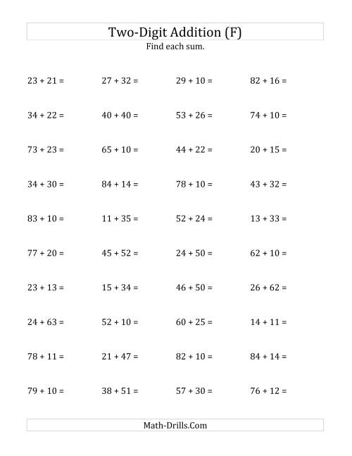 The Horizontal Two-Digit Addition No Regrouping (F) Math Worksheet