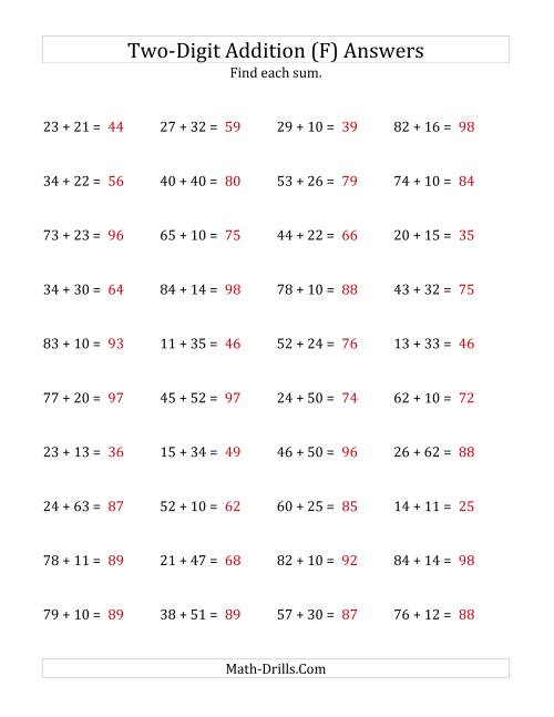 The Horizontal Two-Digit Addition No Regrouping (F) Math Worksheet Page 2