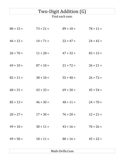 The Horizontal Two-Digit Addition No Regrouping (G) Math Worksheet