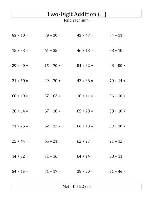 The Horizontal Two-Digit Addition No Regrouping (H) Math Worksheet