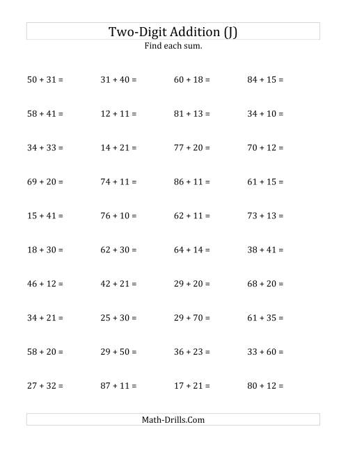 The Horizontal Two-Digit Addition No Regrouping (J) Math Worksheet