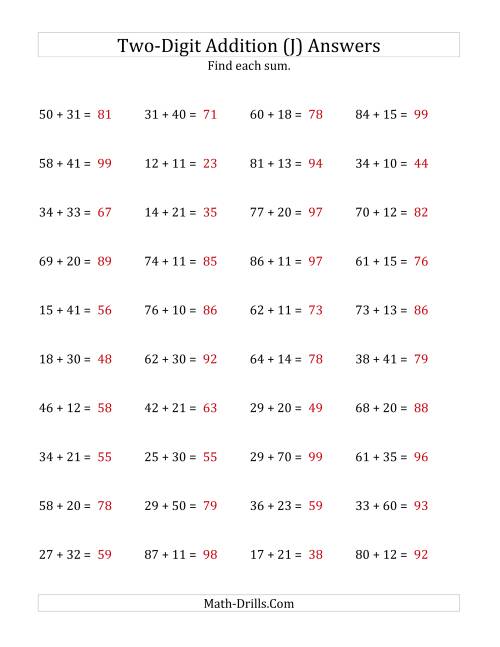The Horizontal Two-Digit Addition No Regrouping (J) Math Worksheet Page 2
