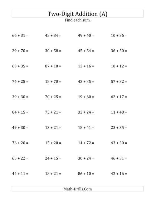 The Horizontal Two-Digit Addition No Regrouping (All) Math Worksheet
