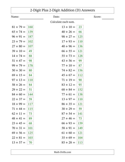 The Horizontally Arranged Two-Digit Plus Two-Digit Addition (50 Questions) (D) Math Worksheet Page 2