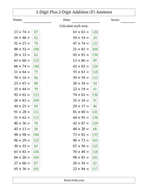 The Horizontally Arranged Two-Digit Plus Two-Digit Addition (50 Questions) (F) Math Worksheet Page 2