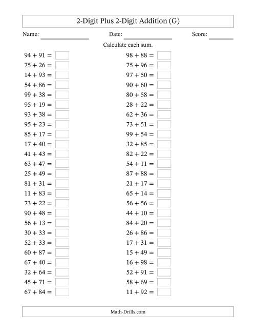 The Horizontally Arranged Two-Digit Plus Two-Digit Addition (50 Questions) (G) Math Worksheet