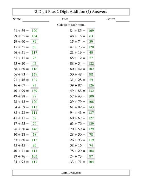 The Horizontally Arranged Two-Digit Plus Two-Digit Addition (50 Questions) (J) Math Worksheet Page 2