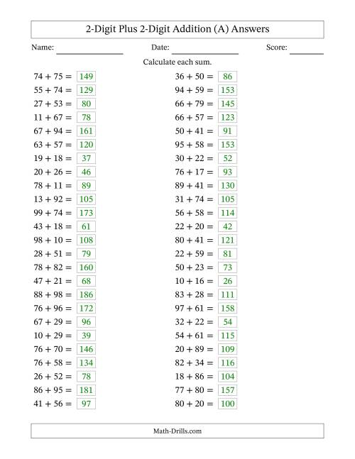 The Horizontally Arranged Two-Digit Plus Two-Digit Addition (50 Questions) (All) Math Worksheet Page 2
