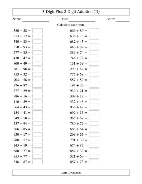 The Horizontally Arranged Three-Digit Plus Two-Digit Addition (50 Questions) (D) Math Worksheet