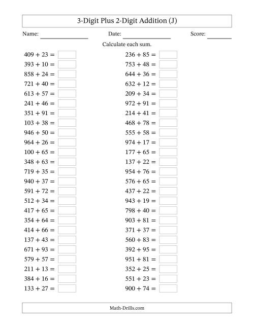 The Horizontally Arranged Three-Digit Plus Two-Digit Addition (50 Questions) (J) Math Worksheet