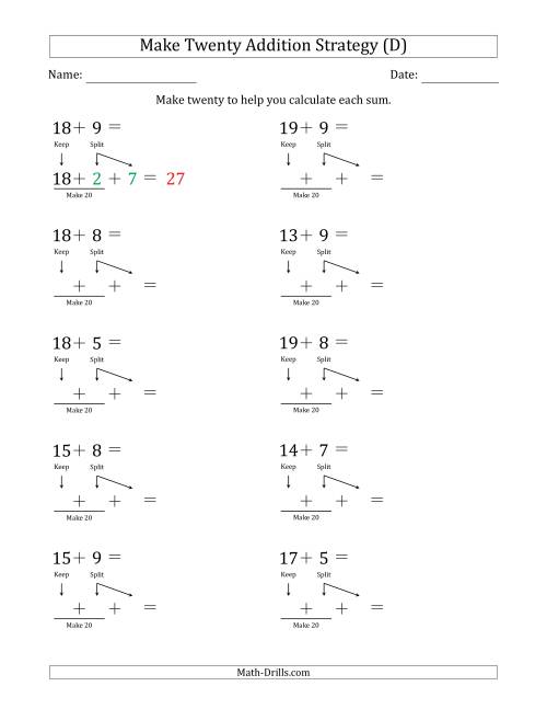 The Make Twenty Addition Strategy (D) Math Worksheet