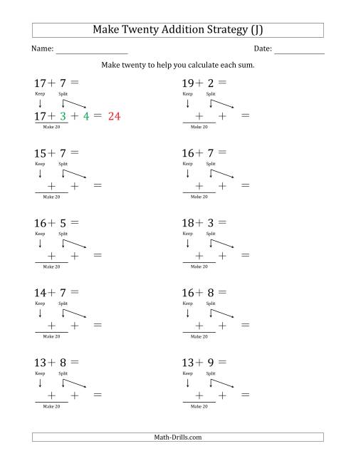 The Make Twenty Addition Strategy (J) Math Worksheet