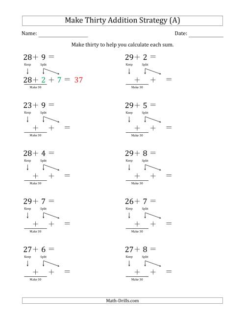 The Make Thirty Addition Strategy (A) Math Worksheet
