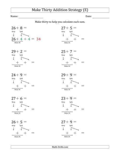 The Make Thirty Addition Strategy (E) Math Worksheet