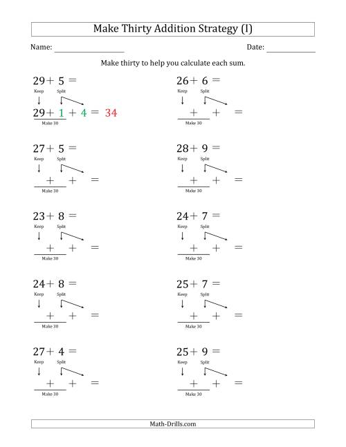 The Make Thirty Addition Strategy (I) Math Worksheet