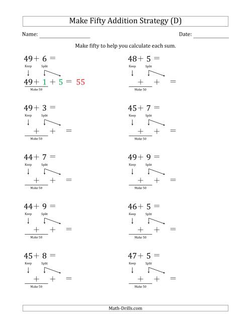 The Make Fifty Addition Strategy (D) Math Worksheet