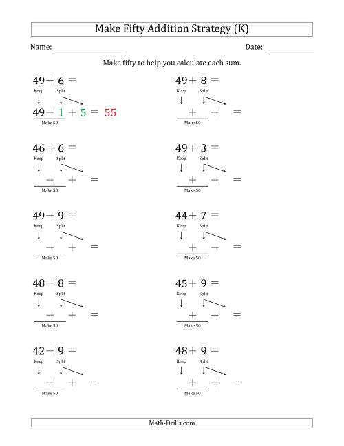 The Make Fifty Addition Strategy (K) Math Worksheet