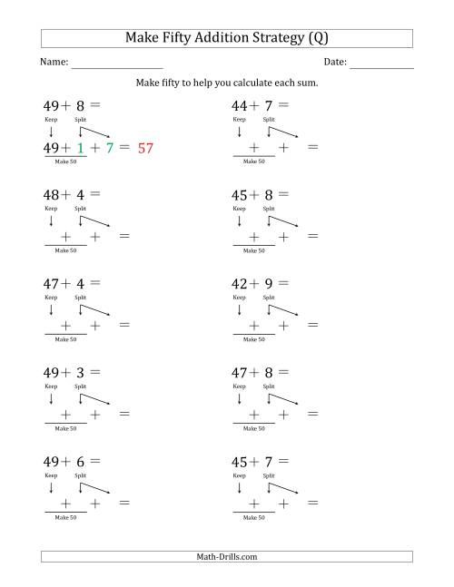 The Make Fifty Addition Strategy (Q) Math Worksheet