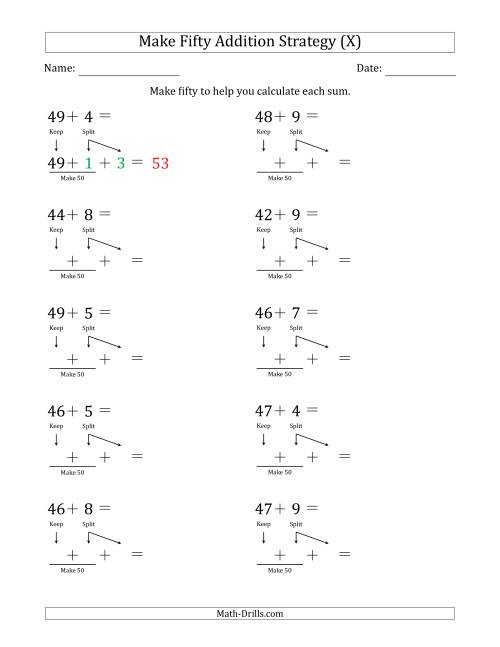 The Make Fifty Addition Strategy (X) Math Worksheet