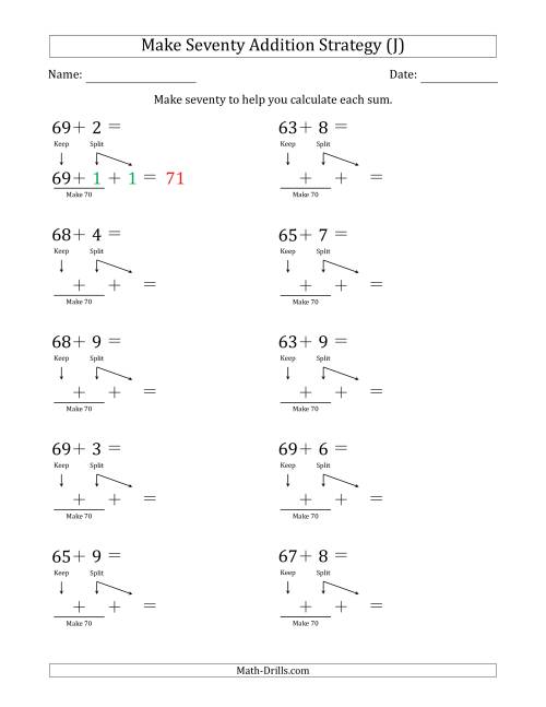 The Make Seventy Addition Strategy (J) Math Worksheet