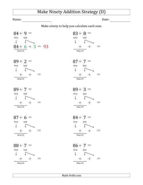 The Make Ninety Addition Strategy (D) Math Worksheet