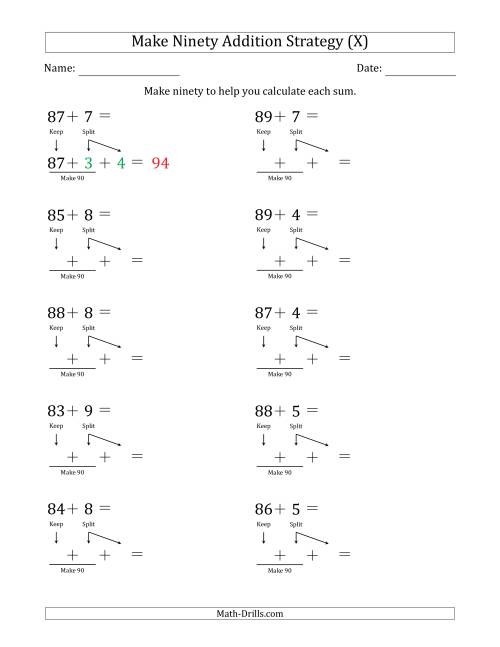 The Make Ninety Addition Strategy (X) Math Worksheet