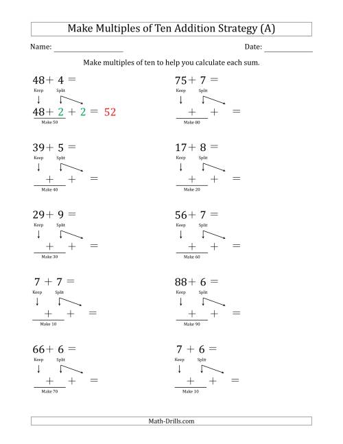 The Make Multiples of Ten Addition Strategy (A) Math Worksheet