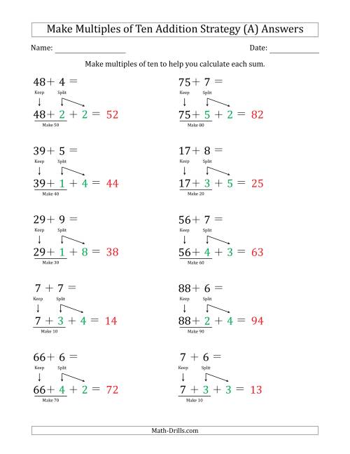 The Make Multiples of Ten Addition Strategy (A) Math Worksheet Page 2