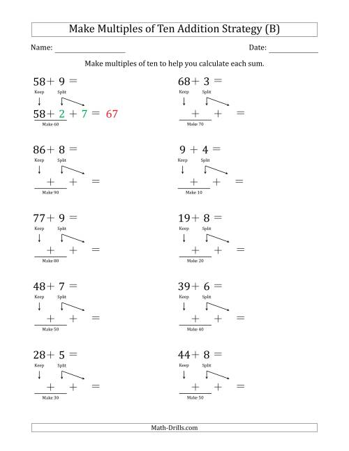 The Make Multiples of Ten Addition Strategy (B) Math Worksheet