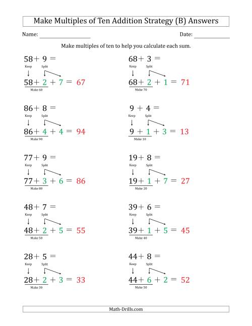 The Make Multiples of Ten Addition Strategy (B) Math Worksheet Page 2