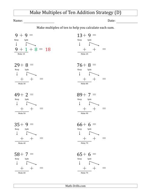 The Make Multiples of Ten Addition Strategy (D) Math Worksheet