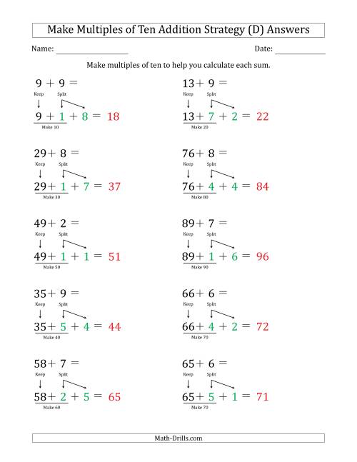 The Make Multiples of Ten Addition Strategy (D) Math Worksheet Page 2