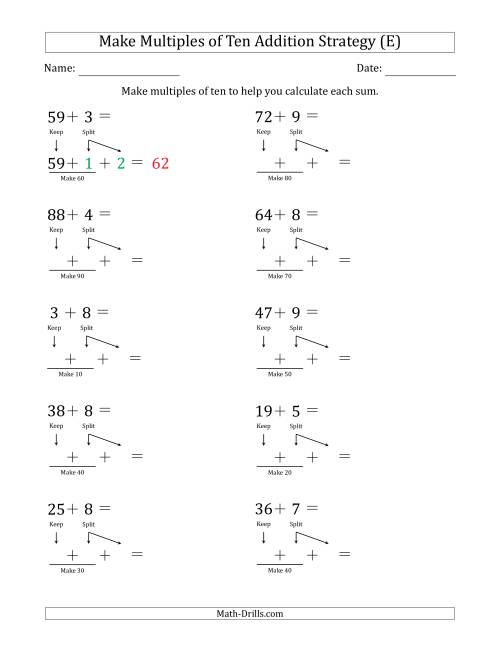 The Make Multiples of Ten Addition Strategy (E) Math Worksheet