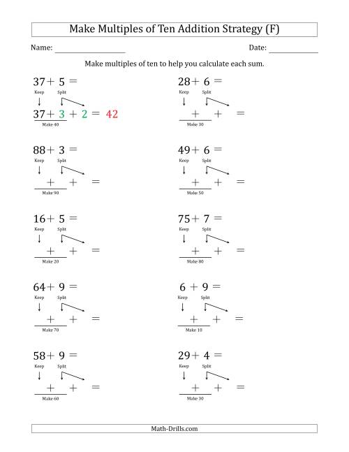 The Make Multiples of Ten Addition Strategy (F) Math Worksheet