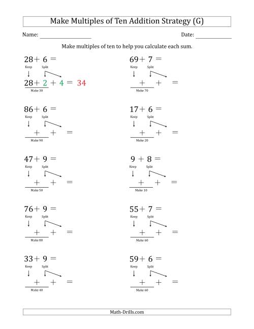 The Make Multiples of Ten Addition Strategy (G) Math Worksheet