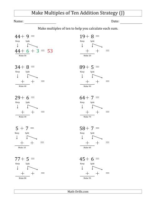 The Make Multiples of Ten Addition Strategy (J) Math Worksheet