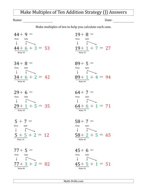 The Make Multiples of Ten Addition Strategy (J) Math Worksheet Page 2