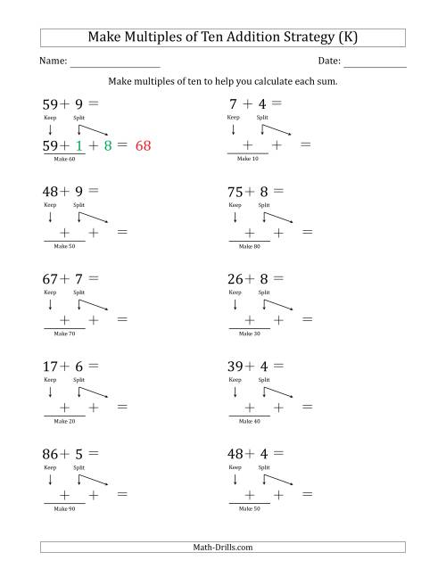 The Make Multiples of Ten Addition Strategy (K) Math Worksheet