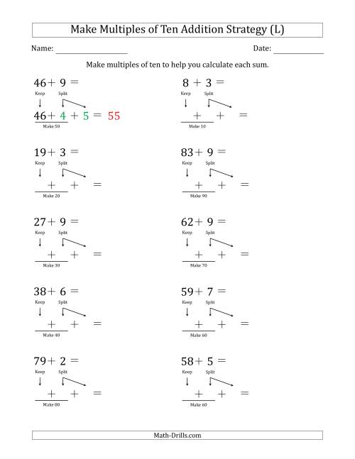 The Make Multiples of Ten Addition Strategy (L) Math Worksheet