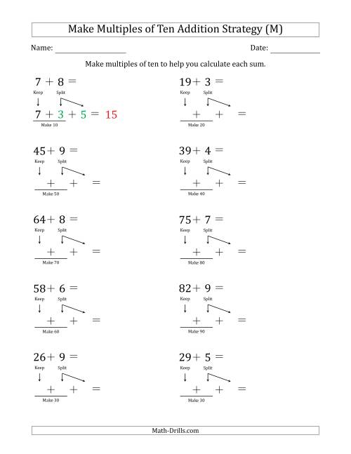 The Make Multiples of Ten Addition Strategy (M) Math Worksheet