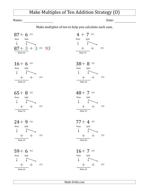 The Make Multiples of Ten Addition Strategy (O) Math Worksheet