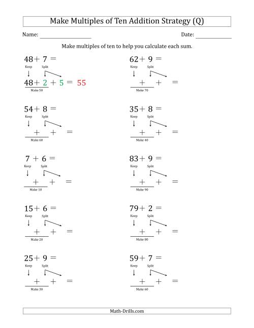 The Make Multiples of Ten Addition Strategy (Q) Math Worksheet