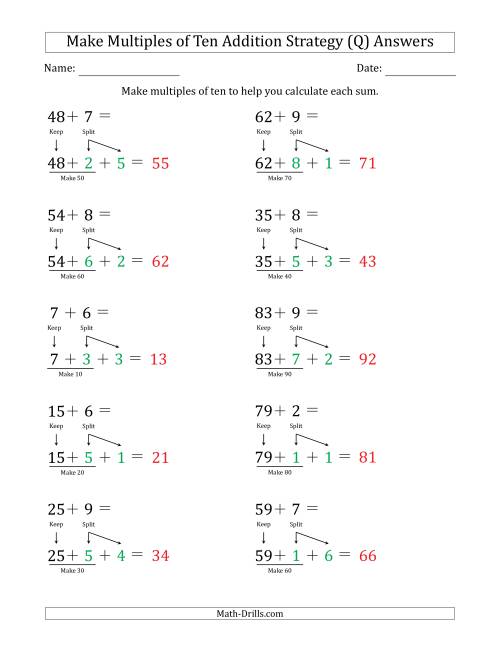 The Make Multiples of Ten Addition Strategy (Q) Math Worksheet Page 2