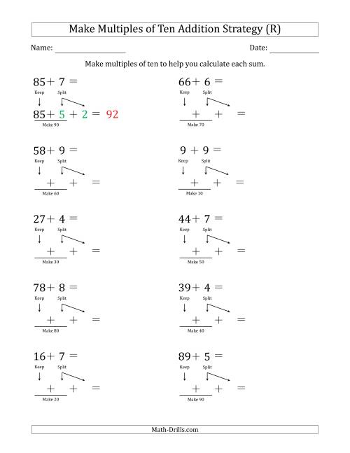 The Make Multiples of Ten Addition Strategy (R) Math Worksheet